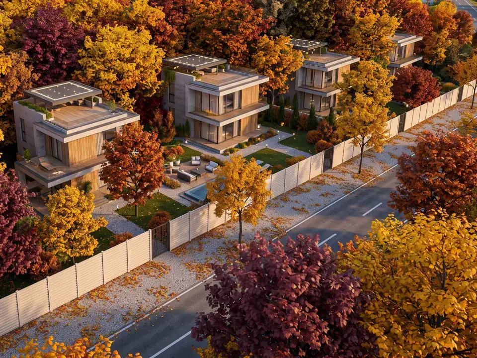 Osiedle z ogrodzeniami betonowymi, widok z góry