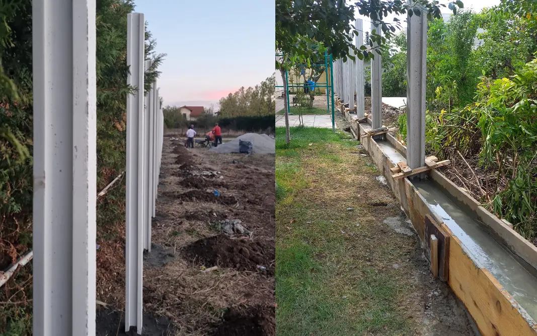 Montaż ogrodzenia: rząd betonowych słupków i świeżo wylany cokół w szalunku